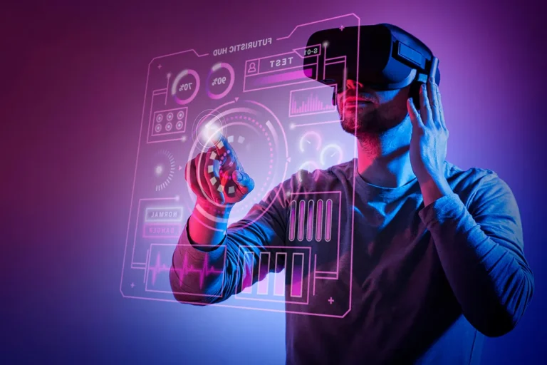 a man with vr headset using futuristic technology