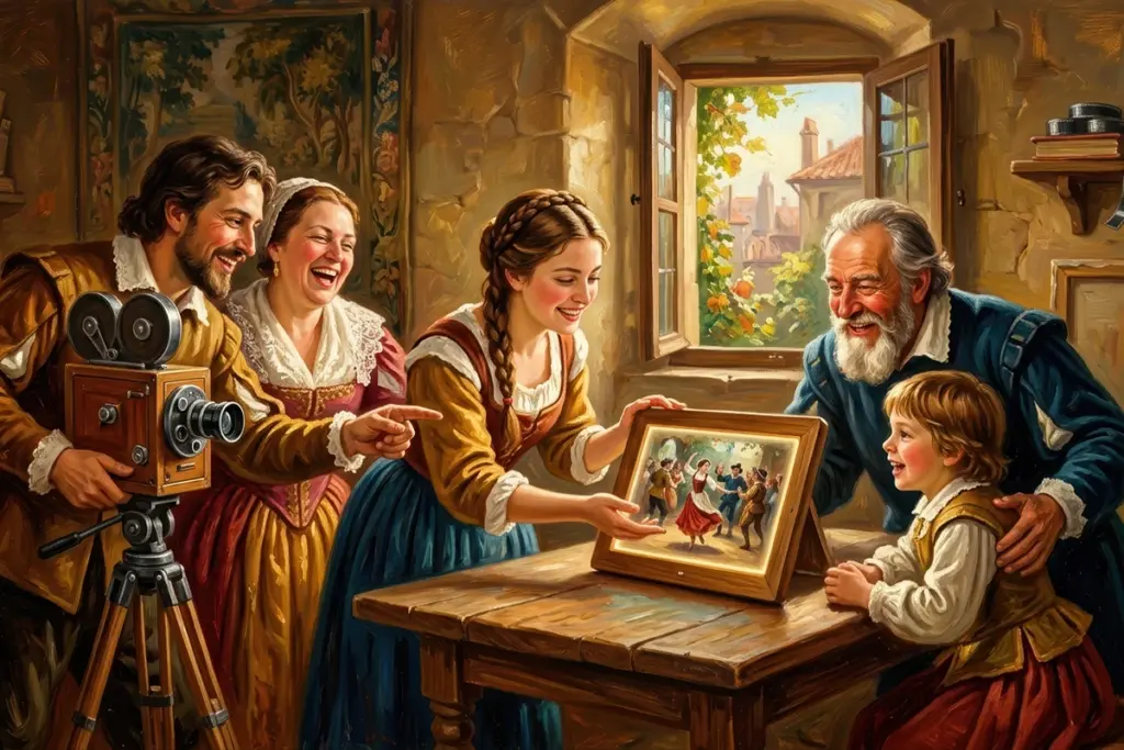 painting of a family watching videos