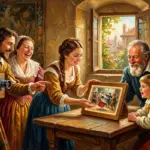 painting of a family watching videos