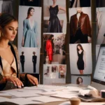fashion editor surrounded with fashion designs