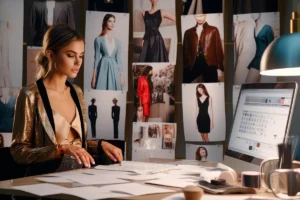 fashion editor surrounded with fashion designs