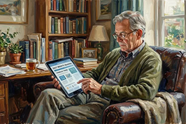 man reading email newsletter on tablet