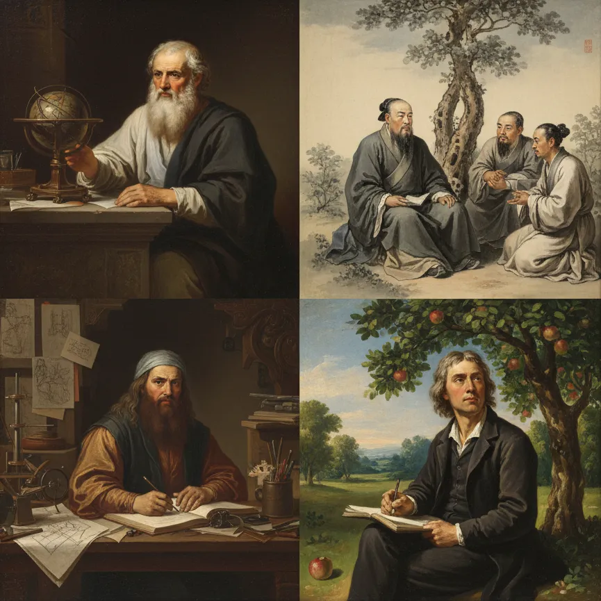 montage of aristotle, confucius, da vinci, newton in one frame