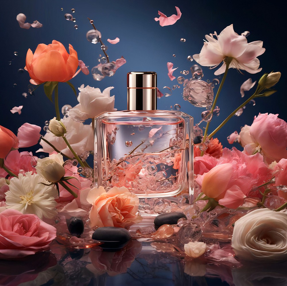 perfume bottle between flowers