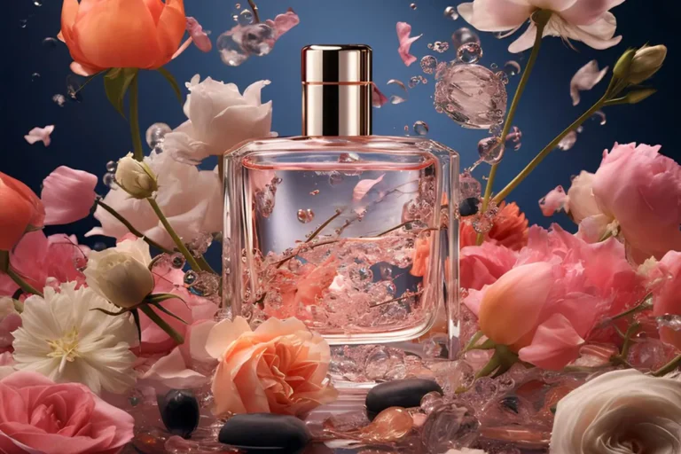 perfume bottle surrounded by colorful flowers