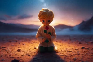 the little prince holding a rose book