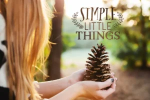 woman holding a plant with simple little things logo