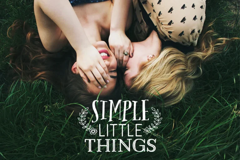 woman laughing on a green field and simple little things logo