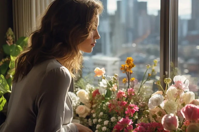 woman smelling colorful flowers